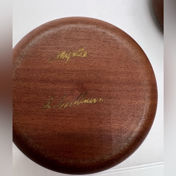 2 Teak Wood Salt, Spice Pinch, Trinket Bowls With Lids Signed By Artist 3”wide - Picture 5 of 7